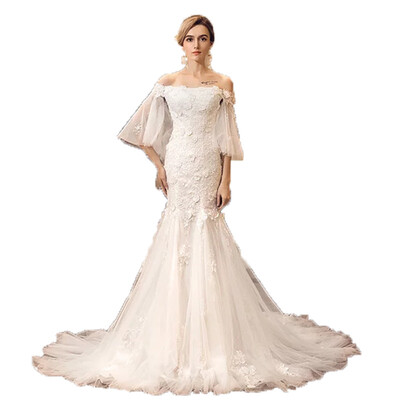 

Tiered Lace Illusion 12 Sleeves Applique Ruched White Mermaid Fishtail Wedding Dress