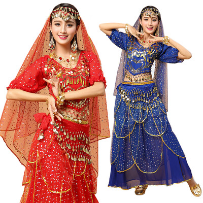 

2018 Women Bollywood Dance Wear 4-piece Set Costume Veil Headdress Top Coin Belt&Skirt Indian Belly Dance Costumes 6 Colors