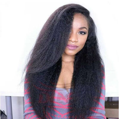 

T-top Hair Long Kinky Straight Virgin Human Hair Lace Front Wig Swiss Lace Natural Black Color Bleached Knots Human Hair Wig With