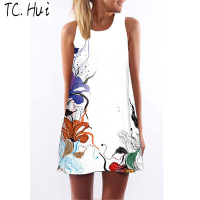 

Vintage Print Summer Dress 2018 Round Neck Sleeveless Tank Sexy Dresses Casual Mini Women Dress