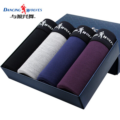 

Dancing with wolves mens underwear mens boxers waist blue fine viscose boxer sweat-absorbent breathable pants 4 pieces 3124 gift box L