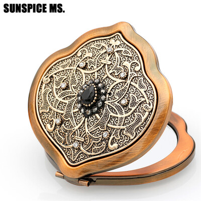 

New Key Chain Turkish Women Flower Relief Ethnic Cosmetic Mirror Portable Folding Mirror Box Daily Supplies Antique Gold Jewelry
