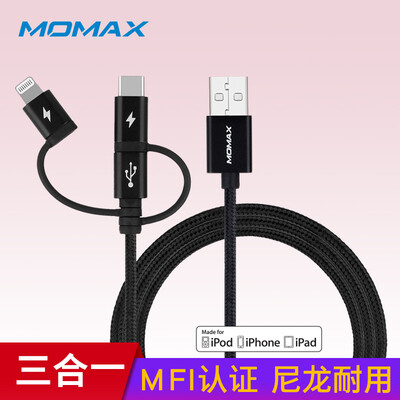 

MOMAX Apple Android 3-в-одном кабель MFI Certified Type-C Зарядный кабель для iPhone X / 8/7 / 6Plus 1m Черный