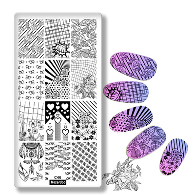

Rose flower leaf Rectangle Nail Stamping Plates Template line grid fist Design Manicure Nail Art Stamp Image Plate Mezerdoo C46