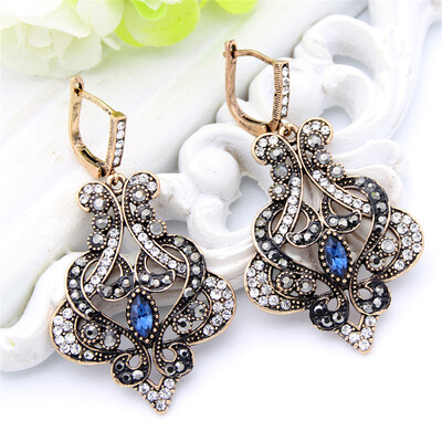

Vintage Turkish Women Big Flower Long Drop Hook Earring Antique Color Resin Jewelry Arabesque Patterns Rhinestone India Earrings