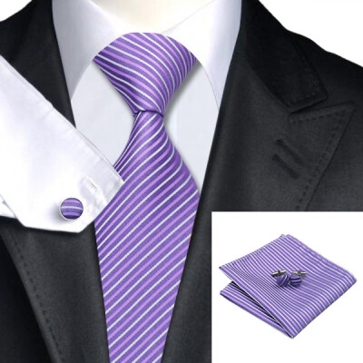 

N-0313 Vogue Men Silk Tie Set Purple Stripe Necktie Handkerchief Cufflinks Set Ties For Men Formal Wedding Business whol