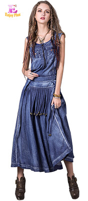 

L High Quality chest 92-96cm cotton vintage new summer 2017 cotton blue long dress women sleeveless jeans denim ankle length
