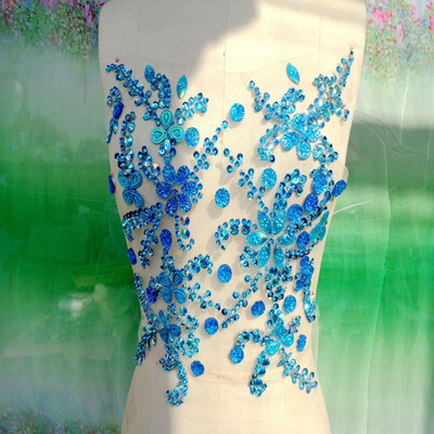 

Handmade light blue Rhinestones applique sew on crystal patches with stones sequins beads 3127cm for dress