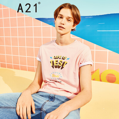 

A21 summer mens slim round neck letter printed short-sleeved T-shirt male 4821330167 light pink 18092AXL