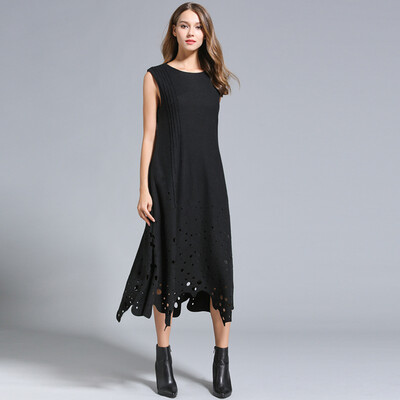 

2017 new Autumn spring dresses women wool dresses O neck Sleeveless Hollow out Long Loose style woolen Dresses plus sizes Solid co
