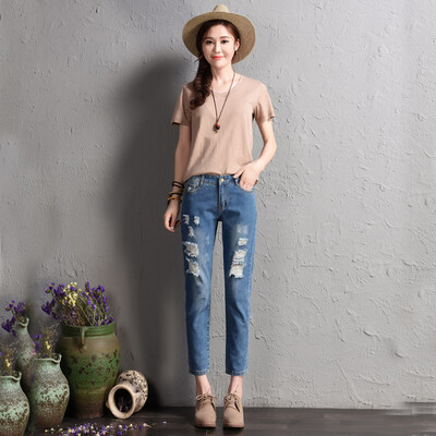 

2018 Summer Popular Boyfriend Jeans Women Elastic Waist Ninth Jeans Ripped hole pants