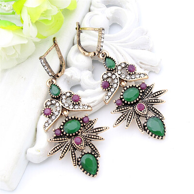 

Arabesque Vintage Women Flower Long Hook Earring Swinging Pendant Resin Crystal Palm Jewelry Antique Gold Color Bohemia Bridal