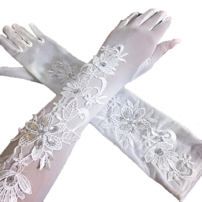 

White Elastic Lace Long Full Finger Rhinestone Wedding Concealer Gloves