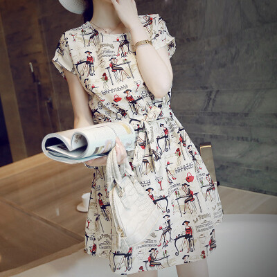 

Lovaru ™ Han edition dress summer new round collar bat sleeve printed sweet waist cultivate one's morality dress