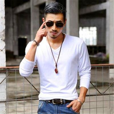 

Mens Wear Fashion V-collar T-shirts Youth Casual Long Sleeves Tops Male Comfortable Cotton Bottoming Shirts