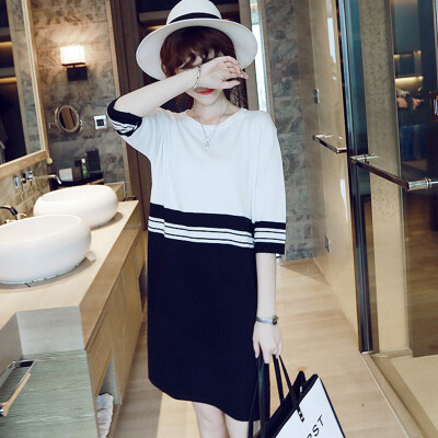 

Lovaru ™ Han edition dress seven round collar sleeve color matching stripe knit dress fashion casual