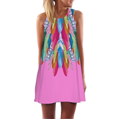 

Summer Dress Women Feather Print Vintage 3D Dress Sleeveless Boho Style Short Beach Dress 6 colors