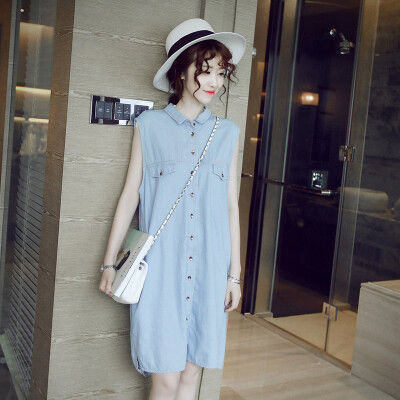 

Lovaru ™New 2015 fashion Korean retro casual denim sleeveless dress lapel jianling casual style