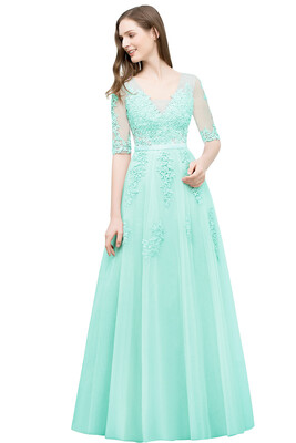 

Bridesmaid A-line V-neck Half Sleeves Gray Lace Evening Dresses Sexy Backless Applique Long Prom Dresses