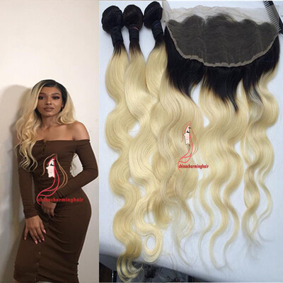 

Two Tone 1B 613 Ombre body wave Virgin Hair Bundles With Lace Frontal Closure Dark Roots Blonde Brazilian Human Hair Weave With La