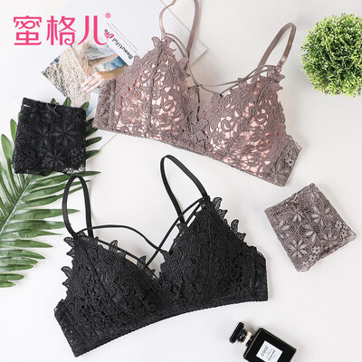 

Honey lattice sexy cross without rims lace girl bra set small chest gathered to receive the milk on the underwear women WN5016 black 85B
