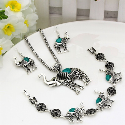 

Vintage Turkish Elephant Jewelry Sets Retro Silver Color India Jewelry Necklace Hook Earrings Flower Bracelet Bohemia Bridal