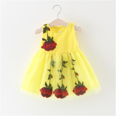 

70-100 Summer Girls Fashion embroidered Rose Dress Children Kids Sleeveless O-Neck Mini Dress