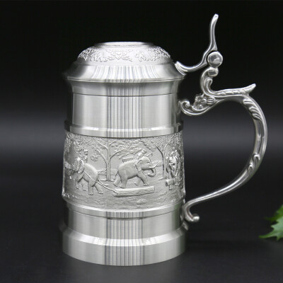 

Oriental Pewter Pewter Mug with Cover Pure Tin 97 Lead-Free Pewter BJCM Hand Carved Beautiful Embossed Handmade in Thailand