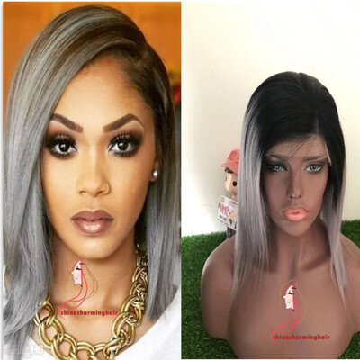 

ombre grey bob human hair wig lace front wig ombre color two tone black to grey bob wig for women