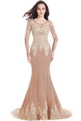 

Crystals Beaded Lace Mermaid Prom Dress ｜ Appliques Long Sleeves Evening Gown