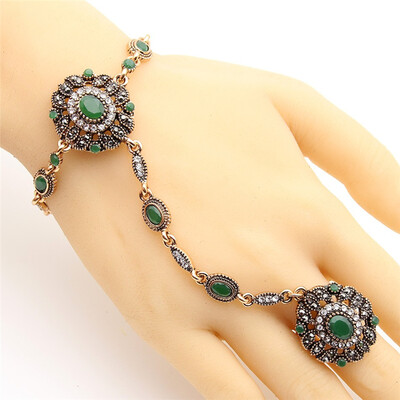 

Vintage Turkish Adjust Bracelet Ring Jewelry Sets Women Antique Gold Color Resin Flower Bracelet Festival Party Bride Jewelry