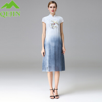 

Women preppy style dresses nature silk crepe beach dresses embroidery flora High Quality plus sizes  split ends Gradient Blue