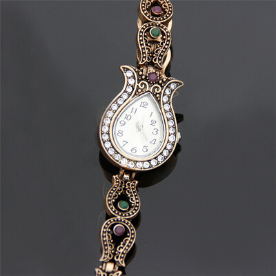 

Vintage Classic Elegant Pure Turkish Flower Women Bracelet Watches Antique Process Rhinestone Bangle Adjustable Resin Dresswatch