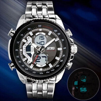 

SKMEI Mens Dress Watch Fashion Watch Wrist watch Digital Stainless Steel Band Silver Multifunctional waterproof double movement