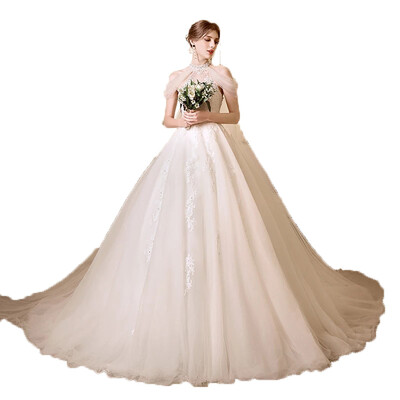 

Halter Neck Cowl Back Embroidery Beading Ball Gown Bride Wedding Dress