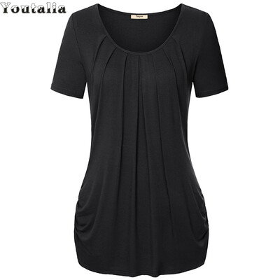

Summer Style Tops Short Sleeve O-neck Knitted Women T-Shirts Elegant Pleated Floral Print Basic Tee Shirts  Plus Size Top