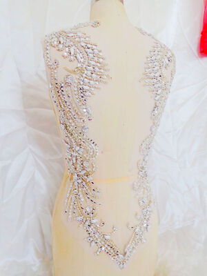 

hand made silver sew on Rhinestones applique on mesh crystal patches trim 6239cm for dress back
