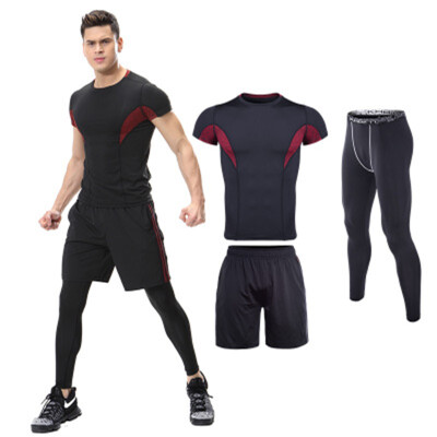 

2018 short-sleeved workout clothes mens suit three-piece training running suit summer elastic tight sports suit