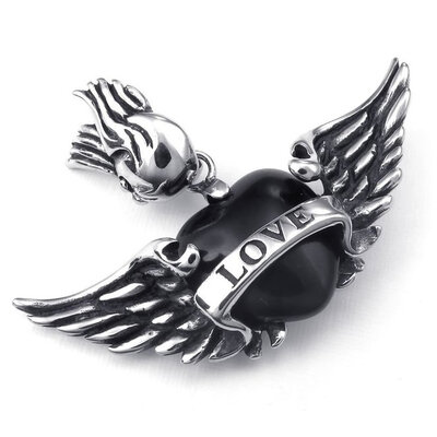 

Hpolw Mens&Womens Angel Wing Stainless steel casting black feather LoveHeart Crystal patterns Bird animals PendantSilver