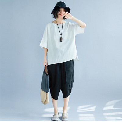 

2018 Summer New Linen Casual Short-Sleeved Female T-shirt Loose Round Neck Collar Solid Color Cotton&Linen Top Shirt