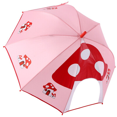 

Hugmii childrens umbrella boys&girls creative three-dimensional shape straight rod hand open umbrella transparent window pink mushroom 48cm8k