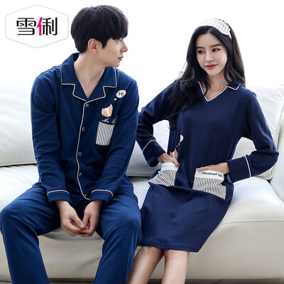

Snowy spring cotton couple pajamas sexy V-neck women nightdress sports can wear mens long-sleeved cotton suit mens blue XXL