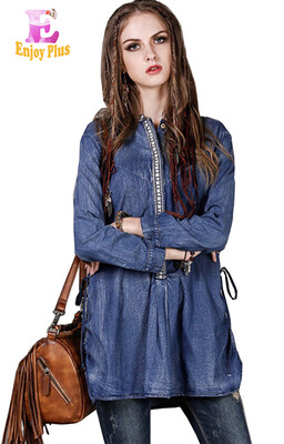 

M L High Quality chest 94-98cm vintage cotton autumn 2017 blue long sleeve jeans blouse women denim shirt embroidery casual