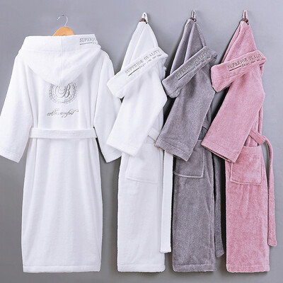 

Women Bathrobe Hooded Men winter Thick Warm Towel Fleece Sleepwear Long Robe Hotel Spa soft Long Nightgown Kimono robe Winter