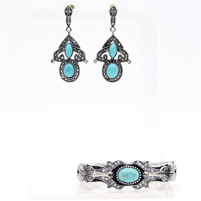 

Vintage Turkish Women Earrings Bangle Jewelry Sets Antique Gold Color Resin Flower Earring Bracelet Set India Bridal Jewelry
