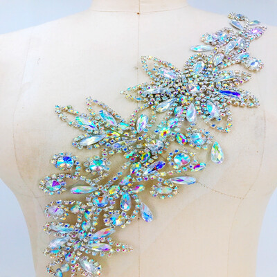 

ручная очистка AB цвет кристалл пятна обрезки Rhinestones applique на сетке 41 * 13 см для верхнего платья