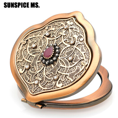 

New Key Chain Turkish Women Flower Relief Ethnic Cosmetic Mirror Portable Folding Mirror Box Daily Supplies Antique Gold Jewelry