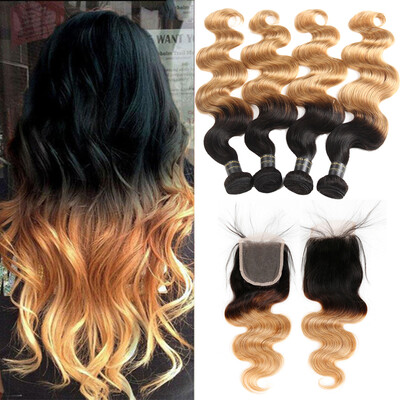 

Pre -colored Hair Weave brazilian 3 Bundles With Closure 4x4 1B27 Ombre Brazilian Body Wave Human Hair Bundles