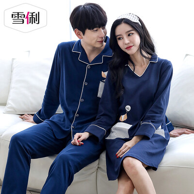 

Snowy spring cotton couple pajamas sexy V-neck women nightdress sports can wear mens long-sleeved cotton suit female models blue