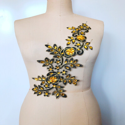 

sew on black lace applique rhinestones trim patches with Golden wire edge Delicate embroidered 3615cm